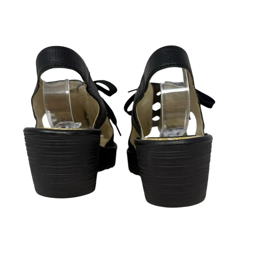 Fly London Yuta Black Leather Platform Wedge Sandals Size 40 9.5 10 Slingback